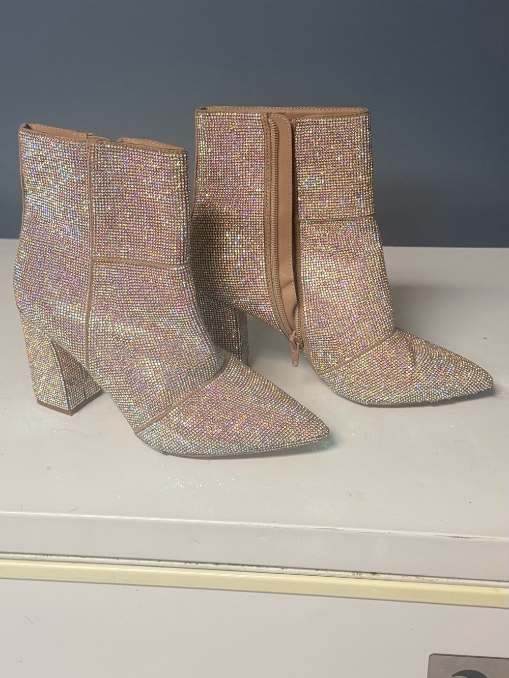Embellished Nude Rhinestone Pointed Ankle Boots